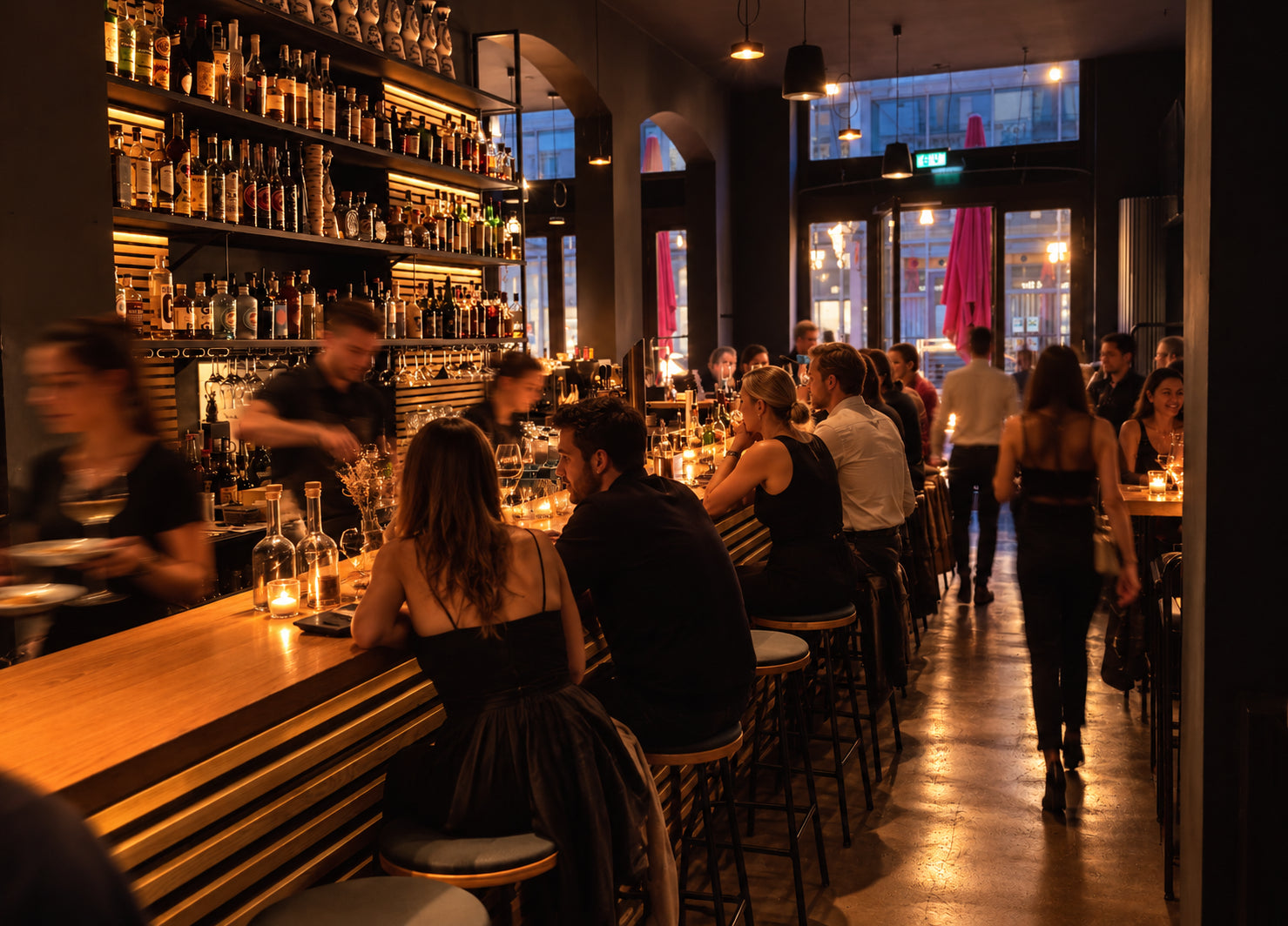 Die lange Bar im R10 am Abend, voll besetzt, der Barkeeper bei der Arbeit vor den beleuchteten Flaschenregalen