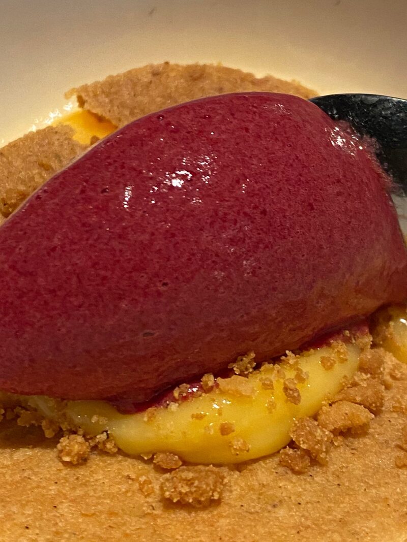 Raspberry sorbet with lemon curd and sablé