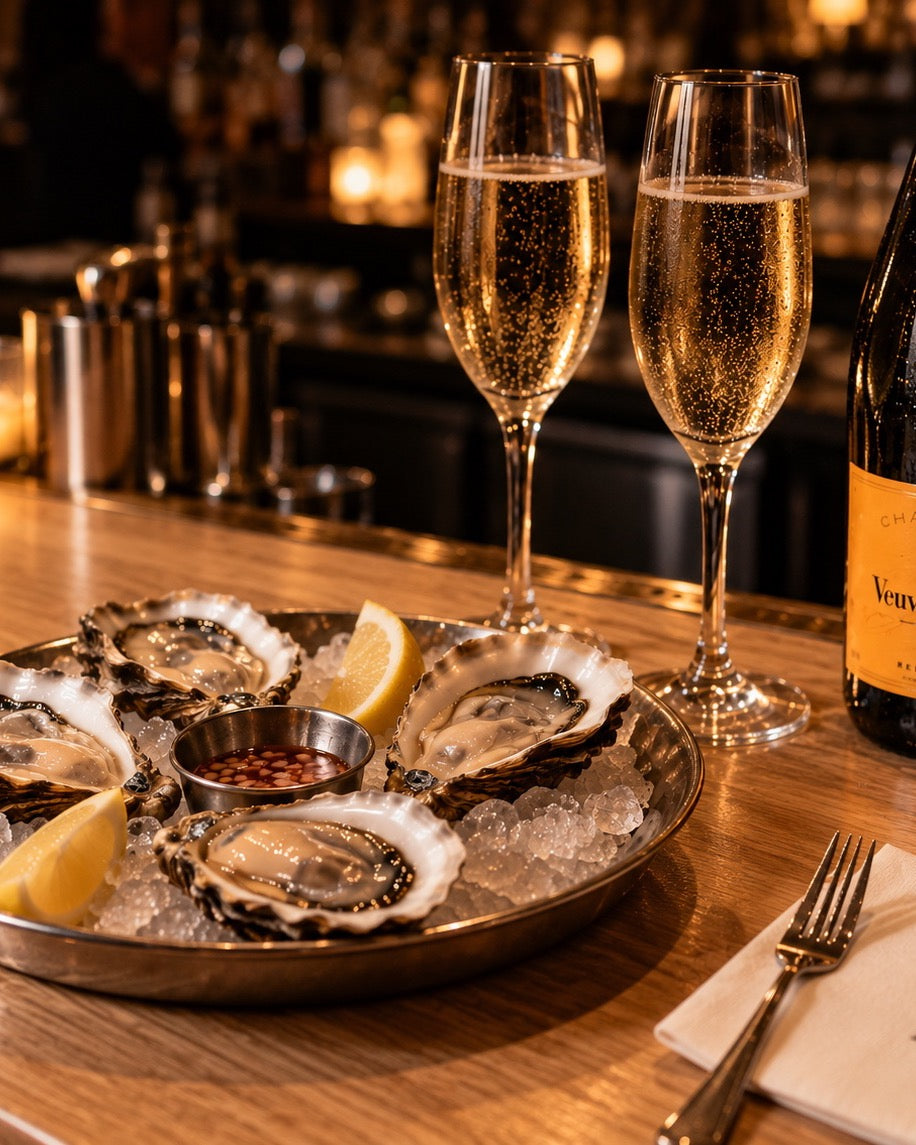 Bar Snacks im R10: frische Austern auf Eis und zwei Gläser Veuve Clicquot an der Bar